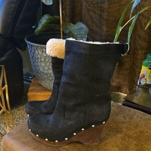 UGG Black Wedge Boots with Cream Shearling